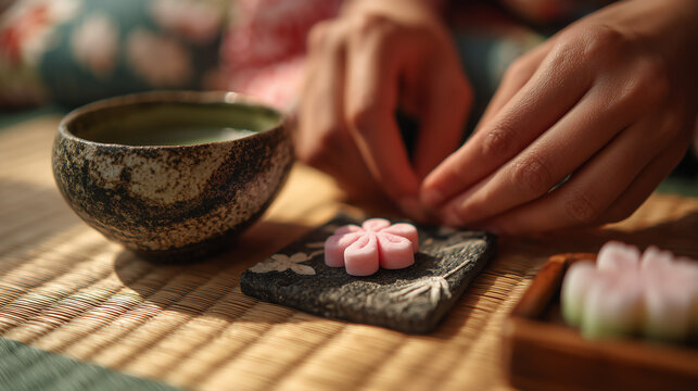 Hands place a pink cherry blossom wagashi sweet on a slate plate beside a matcha tea bowl during a traditional Japanese tea ceremony