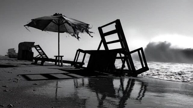 Black and white view of dilapidated beach chairs, umbrella, and a weathered beach scene as waves crash against the shore