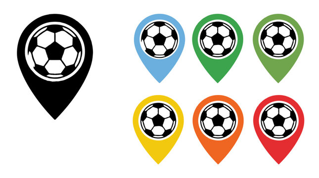 Soccer Location Icons &ndash; Sports and Mapping Symbols Representing Football Venues, Events, and Global Play for Creative Design, Athletic, and Promotional Projects