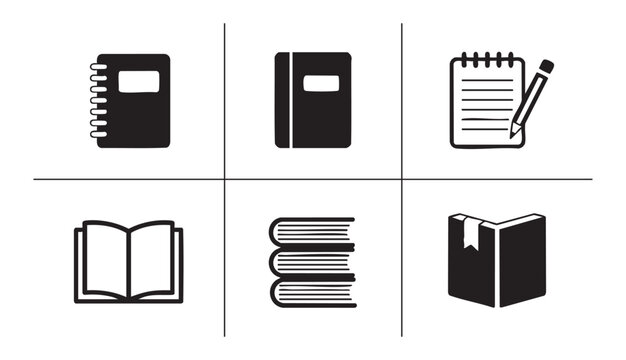 Collection of various notebook and book icons including journals stack and writing supplies design.