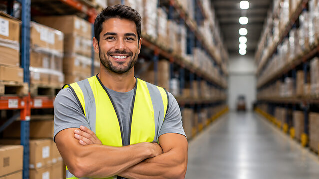 Confident warehouse worker in yellow safety vest, smiling male logistics employee in distribution center, professional industrial storage staff isolated on White Background ai