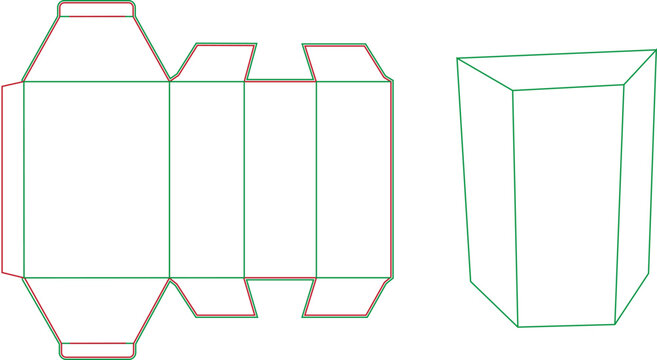 Packaging dieline template of a trapezoidal gift box with 3D mockup