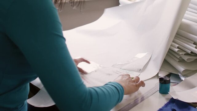Tailor occupation. Fashion creation. Female designer drafting clothing pattern model on white paper measuring size marks with pencil.