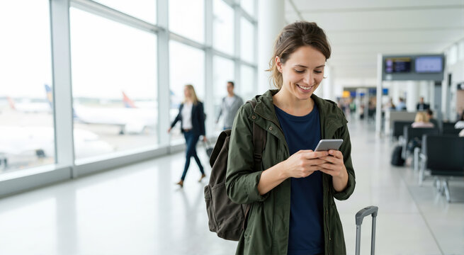 Young woman using smartphone at airport terminal. Traveler waiting for flight with luggage. Travel concept