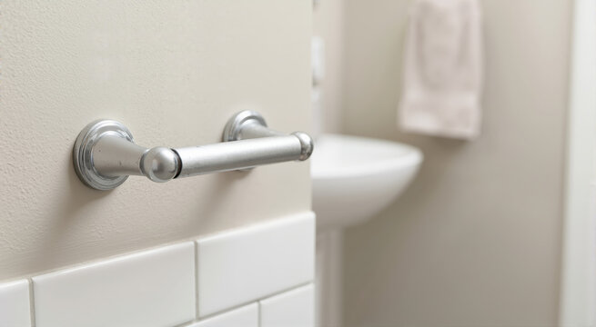 Empty toilet paper roll holder in a bathroom. Household maintenance and supply concept