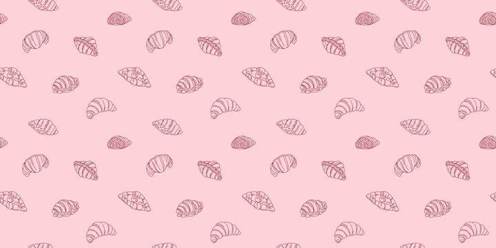 Delicate seamless pattern with raspberry croissants on a soft pink background. Design for bakery, menu, card, poster, packaging.