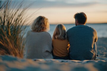 Fototapeta premium Family sitting together on beach facing ocean at sunset