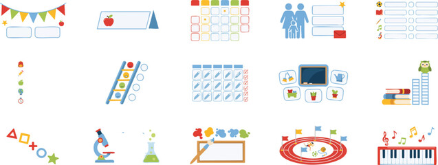 Education and school elements planner calendar icons for lessons student progress activities sports and music class rewards and achievement. © Zahangir
