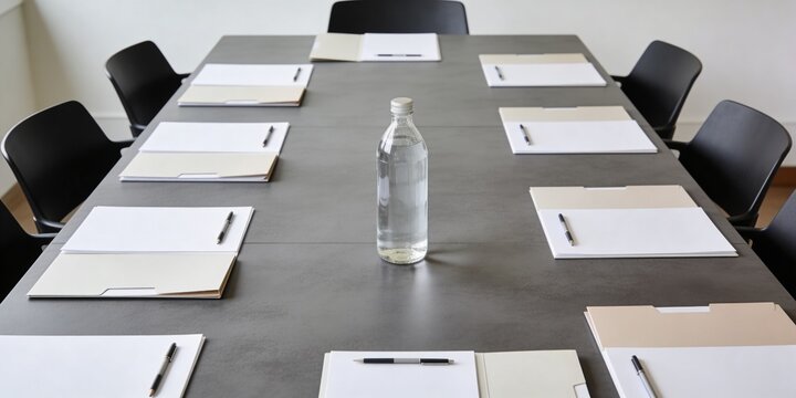 Executive boardroom meeting table with blank documents pens water bottle and copy space for business planning header or corporate report background