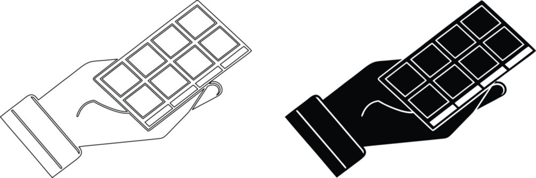 Hand holding chocolate bar outline and solid silhouette.