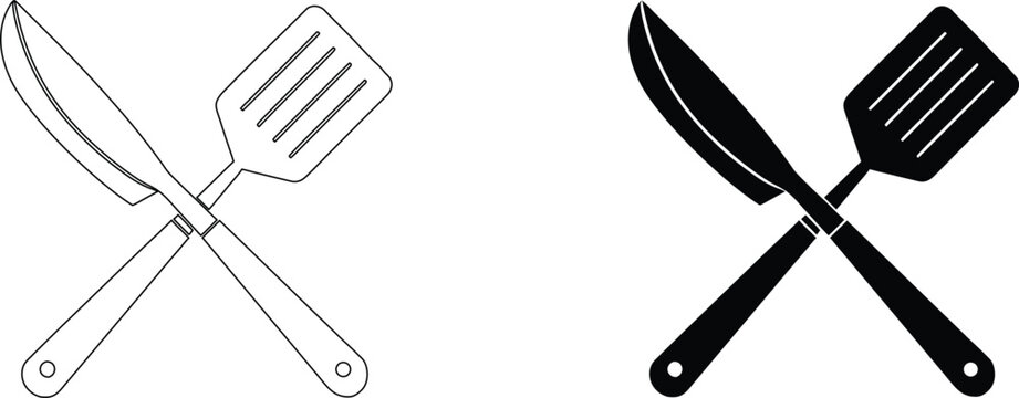 Kitchen knife and spatula crossed icon, cooking utensils outline and glyph vector illustration.
