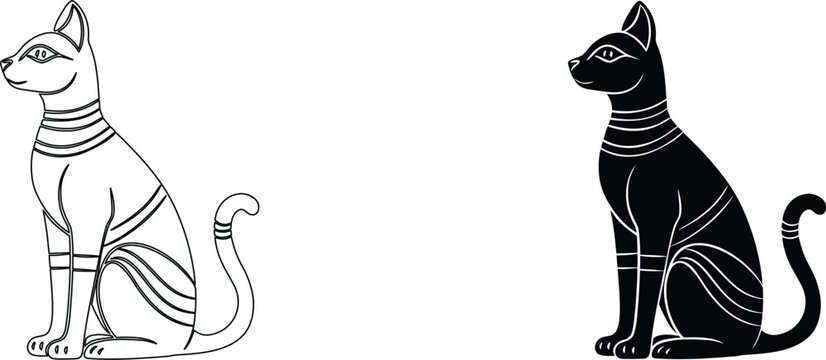 Ancient egyptian cat deity bastet vector silhouettes in outline and solid black icon style.