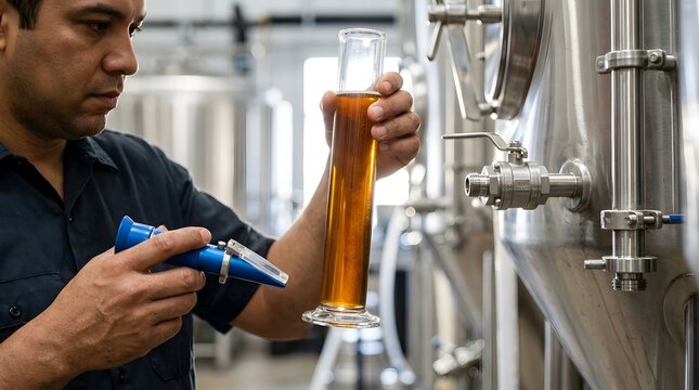 Brewer examining a beer sample in a glass cylinder using a handheld refractometer at a brewery