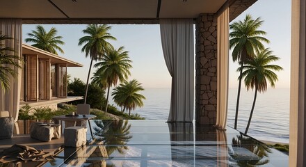 Fototapeta premium Luxury villa terrace overlooking tropical ocean at sunrise. Modern architectural design with stone pillar and glass floor. Summer vacation resort at coastline. Paradise travel destination.