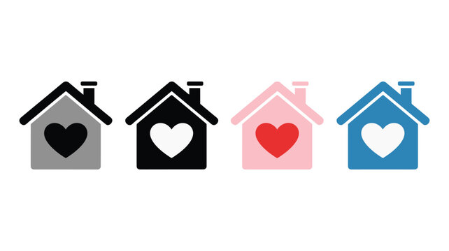 Four stylized house with different colored hearts and keys on grey background pink