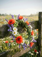 Obraz premium wildflower wreath with red poppies and daisies hanging on old wooden fence. sunny summer meadow background. midsummer celebration, rustic countryside decoration. greeting card, postcard.
