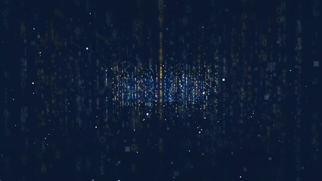 Abstract Digital Data Stream with Glowing Binary Code Particles Moving Through Dark Cyberspace