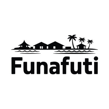 Tropical island silhouette with palm trees and houses black on white background