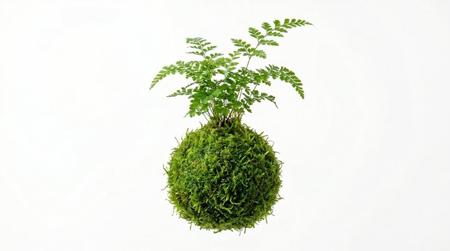 A delicate fern plant is suspended in a moss ball, showcasing a unique Kokedama arrangement. isolated on solid white background