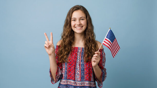 Teenage girl holding American flag and showing peace sign on soft blue background, patriotic 4th of July portrait celebrating Independence Day, freedom and national pride