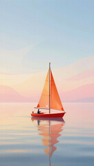 Naklejka premium Sailing boat at dawn with a calm atmosphere on a serene lake 