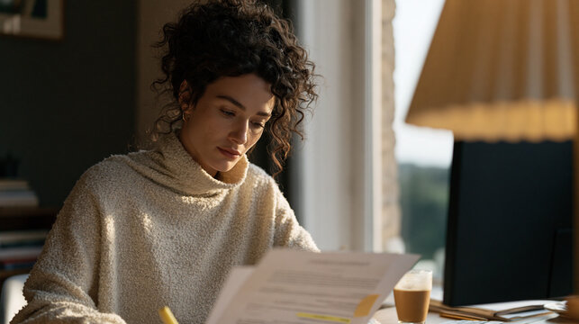 Freelance graphic designer in her home office reviews a poorly worded client contract printed on multiple pages, yellow highlighter and sticky notes marking problematic clauses,