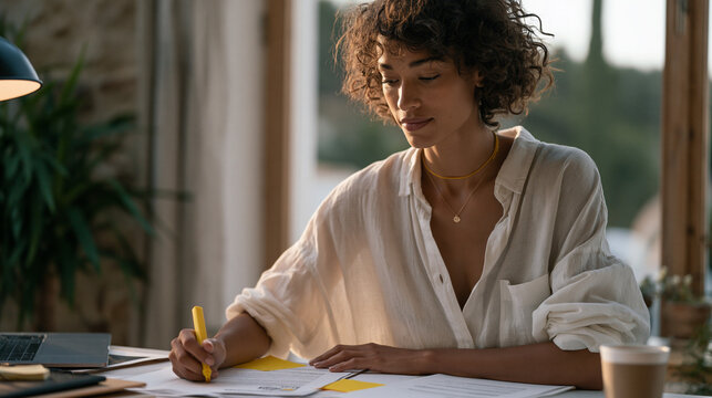 Freelance graphic designer in her home office reviews a poorly worded client contract printed on multiple pages, yellow highlighter and sticky notes marking problematic clauses,