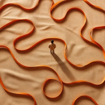 Top view of person standing in a maze of orange ribbon paths symbolizing business strategy choices and guided decision making