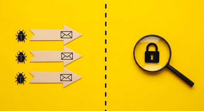 Cybersecurity email protection concept, magnifying glass scanning locked message, phishing bug icons on yellow background, data privacy and security