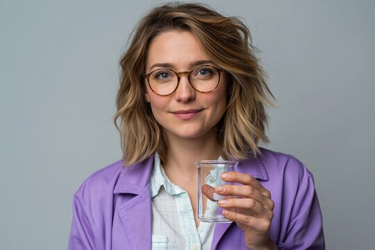 Science educator holding empty beaker against light gray background