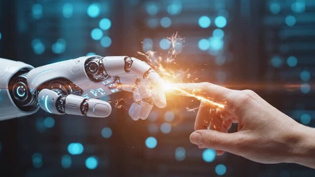 AI, Machine learning, Hands of robot and human touching on big data network connection background, Science and artificial intelligence technology, innovation and futuristic.