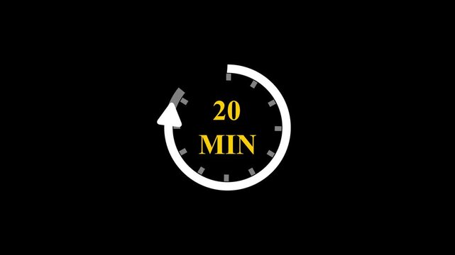 20 Minutes Timer Vector Icon Animation with Golden Text Circular Countdown Clock and Rotating Arrow Progress Bar on Minimalist Black Background for Time Management Tracking Projects.