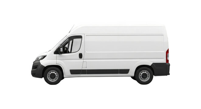 Side view of a white cargo van with a roof, isolated on a solid black background, for vehicle branding mockups