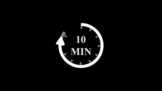 10 Minutes Timer Vector Icon Animation with Circular Countdown Clock and Rotating Arrow Progress Bar on Minimalist Black Background for Time Management Tracking and Video Projects.