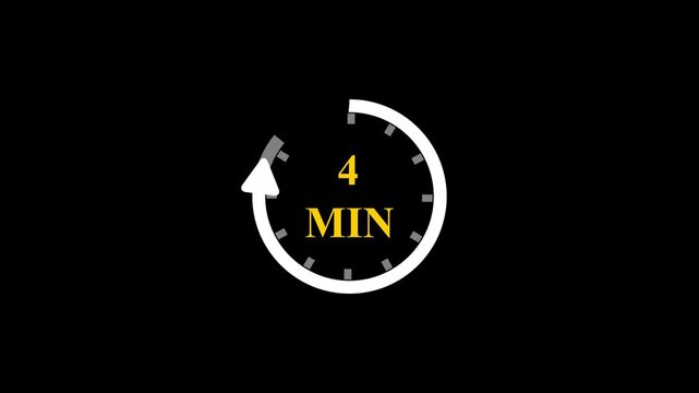 4 Minutes Timer Vector Icon Animation with Golden Text Circular Countdown Clock and Rotating Arrow Progress Bar on Minimalist Black Background for Time Management Tracking Projects.
