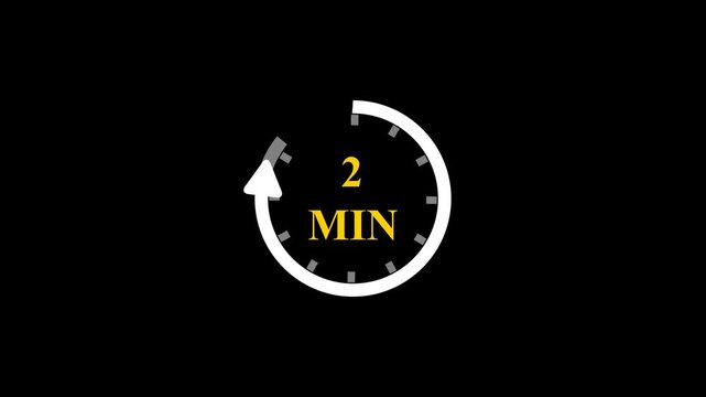 2 Minutes Timer Vector Icon Animation with Golden Text Circular Countdown Clock and Rotating Arrow Progress Bar on Minimalist Black Background for Time Management Tracking Projects.