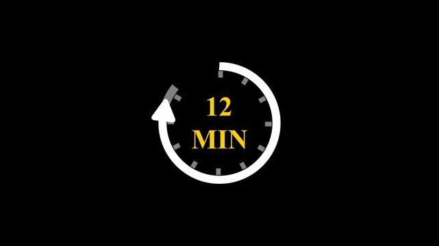 12 Minutes Timer Vector Icon Animation with Golden Text Circular Countdown Clock and Rotating Arrow Progress Bar on Minimalist Black Background for Time Management Tracking Projects.