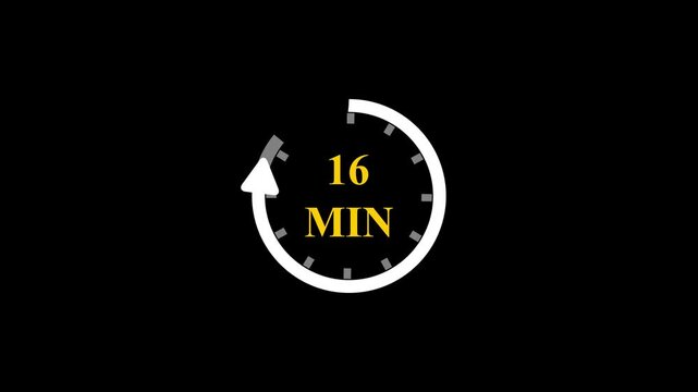 16 Minutes Timer Vector Icon Animation with Golden Text Circular Countdown Clock and Rotating Arrow Progress Bar on Minimalist Black Background for Time Management Tracking Projects.