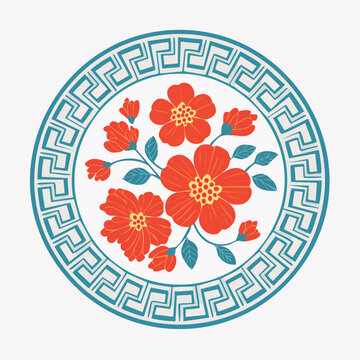 Traditional Chinese Floral Pattern with Greek Key Border