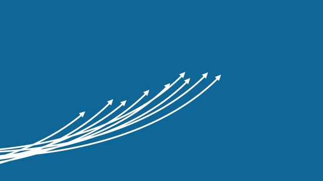 Abstract motion graphics of multiple white arrows rising upwards on a blue background, conceptual animation of business growth, financial success, progress, and professional performance.
