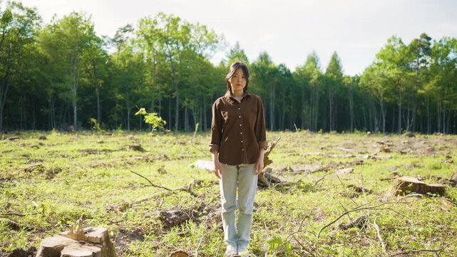 Portrait of Asian eco volunteer. Woman standing on land after large scale tree cutting. Environmental protection and ecology concept. Raising awareness about forest loss.