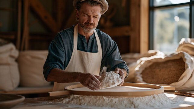 Artisan baker at a heritage grain mill sifts einkorn flour through a wooden-framed screen beside open sacks of ancient wheat varieties while afternoon light from a barn window
