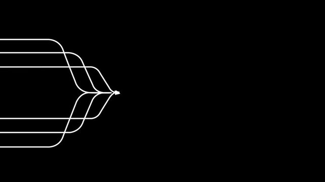 Animated White Multiple Path Lines Converging into One Arrow on Black Background for Data Consolidation, Network Integration, and Strategic Workflow Concepts.