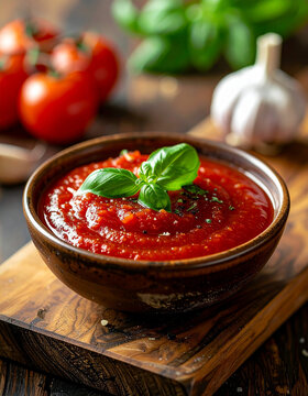 Tomato sauce with garlic and fresh basil in bowl on wooden cutting board, aromatic and fresh ingredients, rustic kitchen style. Close-up.