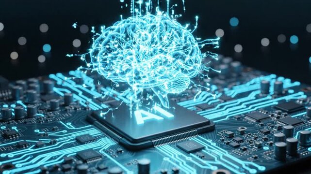 回路基盤と演算装置の上で光るホログラムの頭脳 / 生成AIと機械学習のモーションイメージ / A hologram brain that glows above the circuit board and computing unit. Motion image of generative AI and machine learning. 3D rendered.