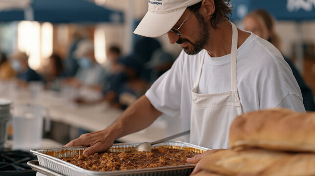 Soup kitchen line server ladles chicken stew into trays for guests seated at long folding tables in a church fellowship hall on a hot July afternoon while additional volunteers