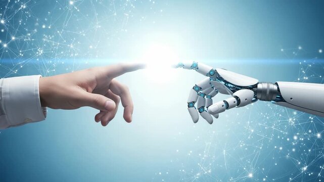 Human and robot finger touching with glowing light and network
