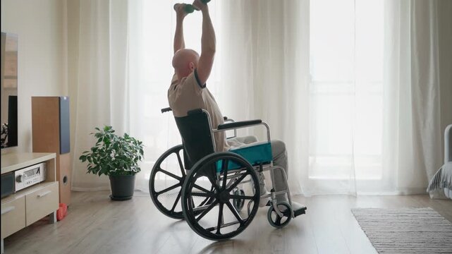 4K motivated bald man in a wheelchair lifting small green dumbbells at home. Physical therapy, rehabilitation training, upper body workout for a disabled person, and healthy lifestyle