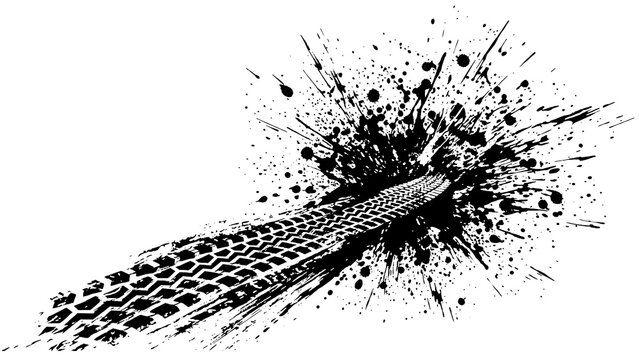 High contrast black and white graphic design element featuring a rugged off-road vehicle tire tread mark combined with a dynamic and chaotic ink paint splash.