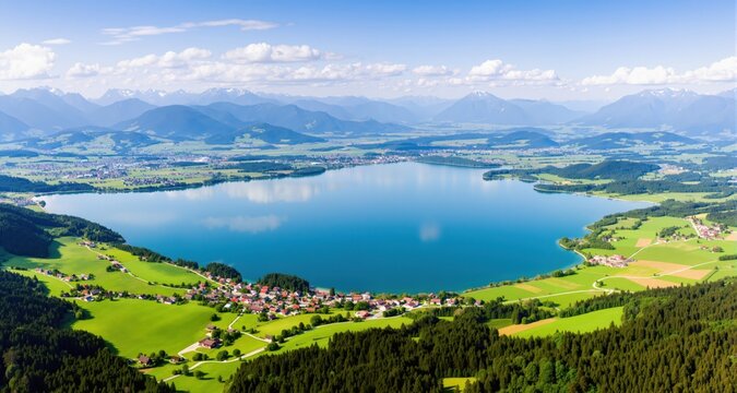 Austria, Upper Austria,Stockwinkl, Drone panorama of Lake Atter and surrounding landscape in summer
